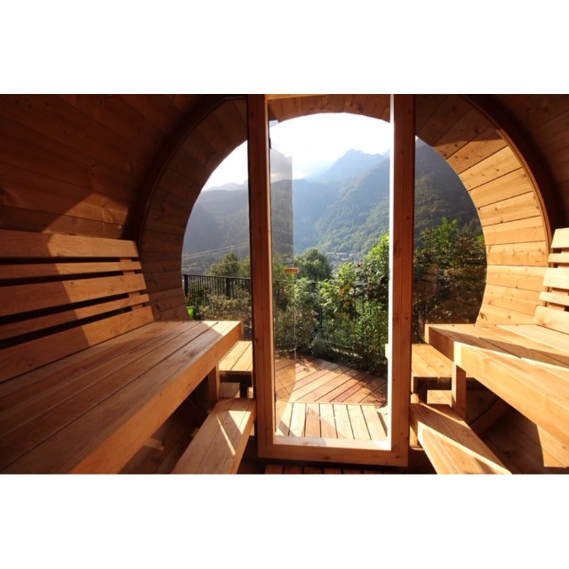 barrel sauna with mountain view 