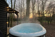 2 person ofuro hot tub end view with steaming water