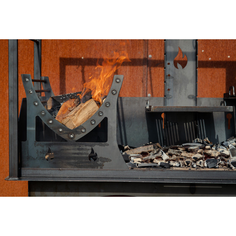 Firepits UK Asado Doble Complete on patio fire cage components with adjustable grills close up
