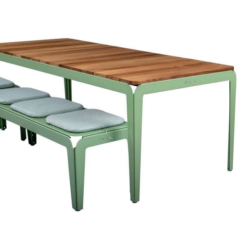 Bended Table Wood with Bench in Green angled view