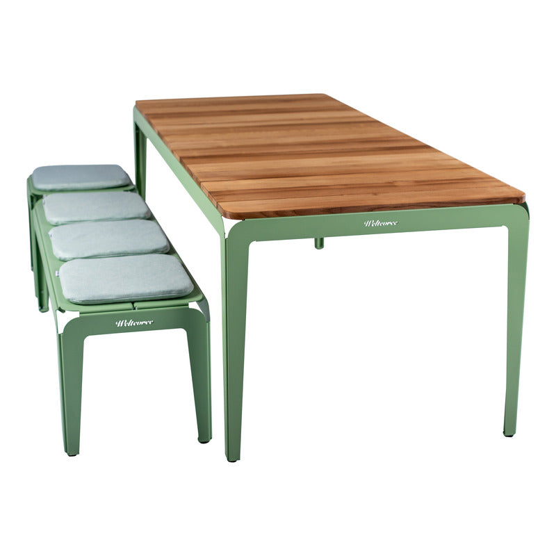 Bended Table Wood with Bench in Green side view
