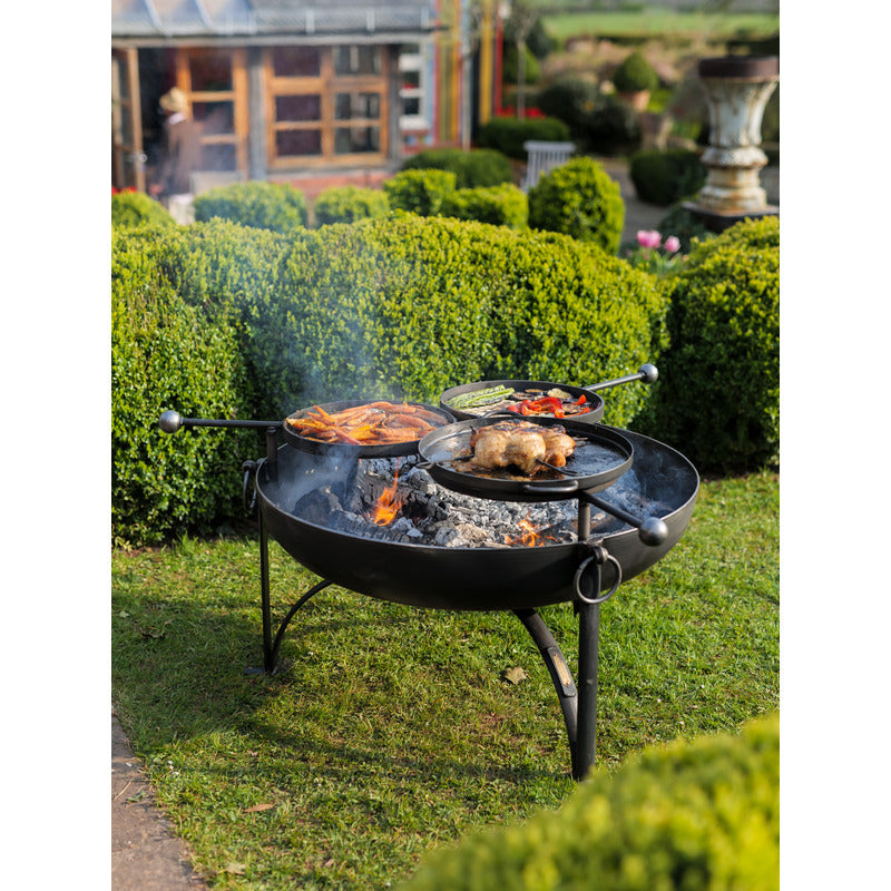 Firepits UK Plain Jane 90 with Three Swing Arm BBQ Racks 3 swing arms with food
