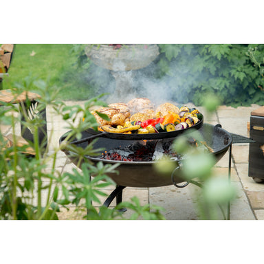 Firepits UK Plain Jane with Swing Arm BBQ Rack Fire Pit Collection chicken and veg cooking 