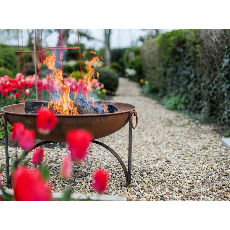 Firepits UK Plain Jane with Swing Arm BBQ Rack Fire Pit Collection close up with tulips, rusted fire pit