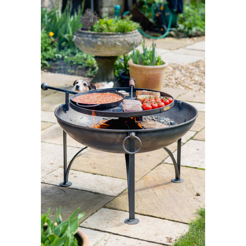 Firepits UK Plain Jane with Swing Arm BBQ Rack Fire Pit Collection english breakfast cooking on plane jane with swing arm