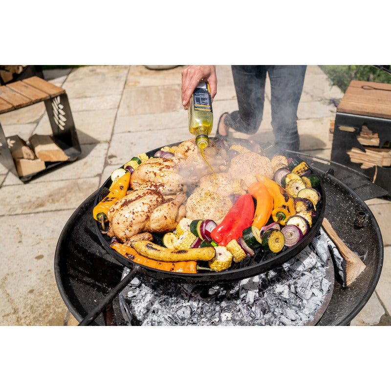 Firepits UK Plain Jane with Swing Arm BBQ Rack Fire Pit Collection with roast chicken and veg on swing arm BBQ rack