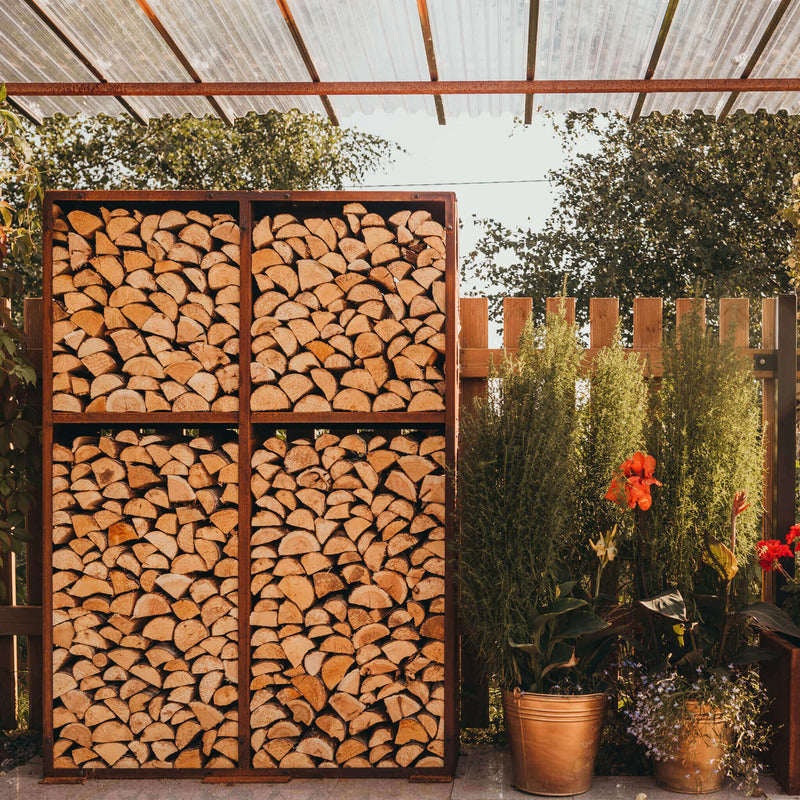 GrillSymbol Corten Steel Modular Shelf WALL-2 close up on patio with logs