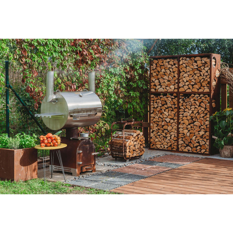 GrillSymbol Corten Steel Modular Shelf WALL-2 on patio with smoker