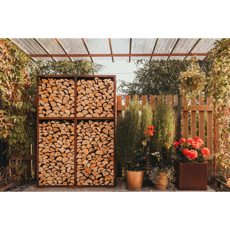 GrillSymbol Corten Steel Modular Shelf WALL-2 with logs on patio
