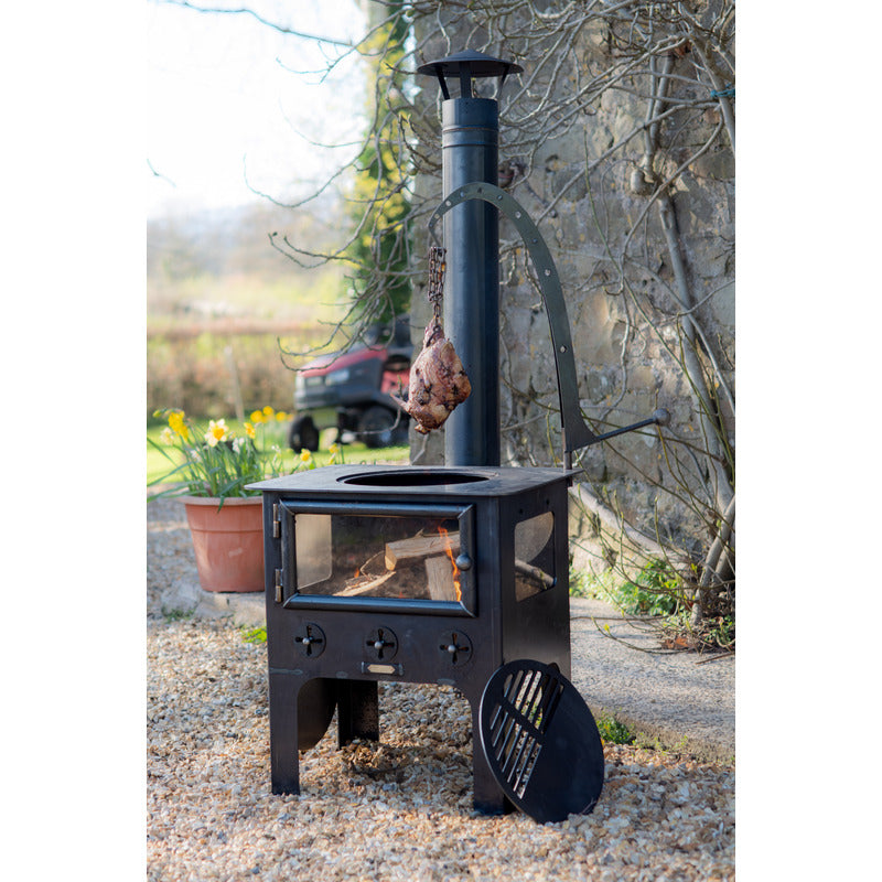 Medium Outdoor Wood Burner BBQ front view with chicken cooking