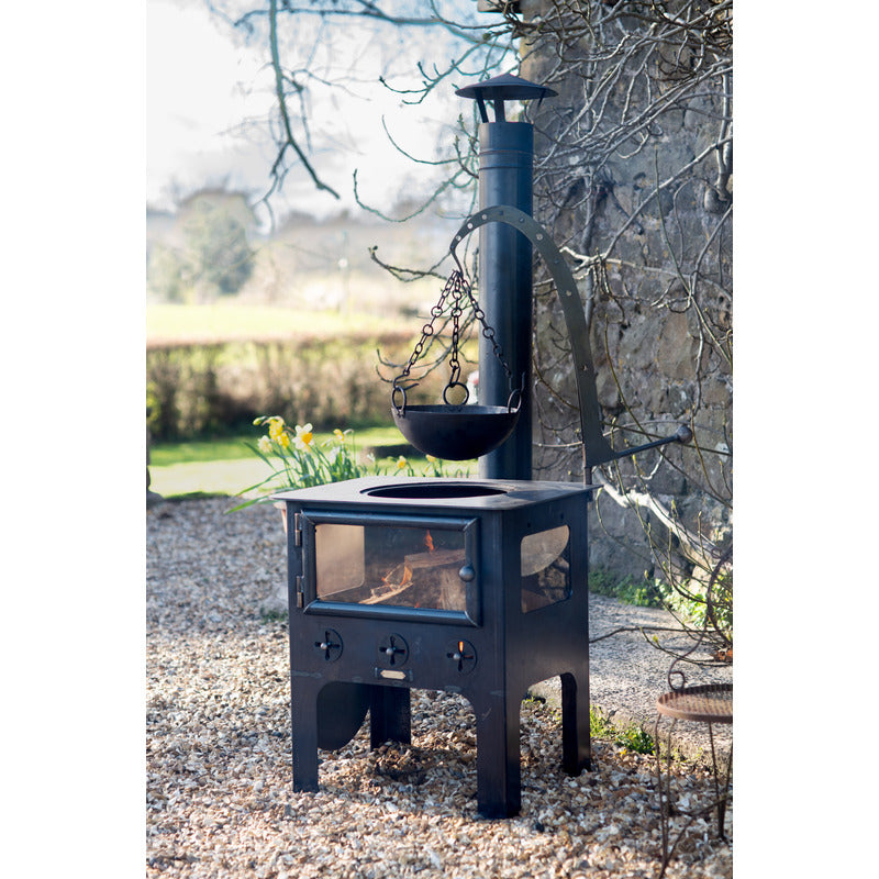 Medium Outdoor Wood Burner BBQ front view with hanging arm and bowl