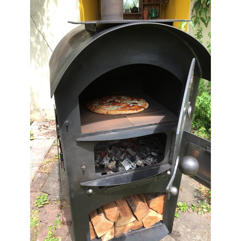 Modular Kitchen Tall Pizza Oven Firepits UK Fire Cage Open with Pizza Close-up with logs