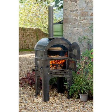 Modular Kitchen Tall Pizza Oven Firepits UK Fire Cage Open with Pizza Oven Lit
