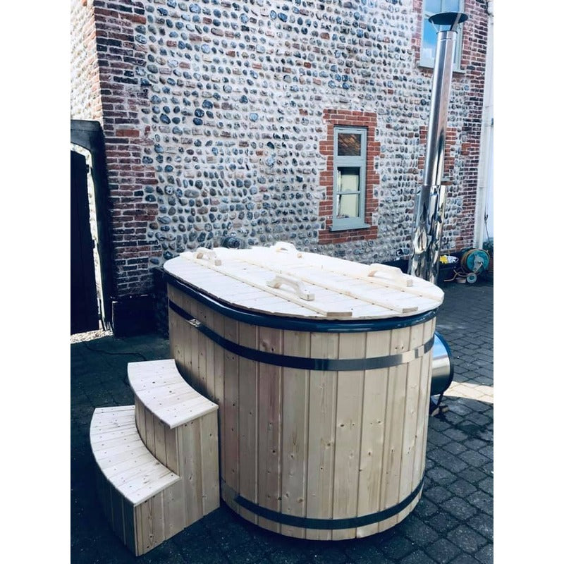 Ofuro 2 person tub with wooden cover angled view
