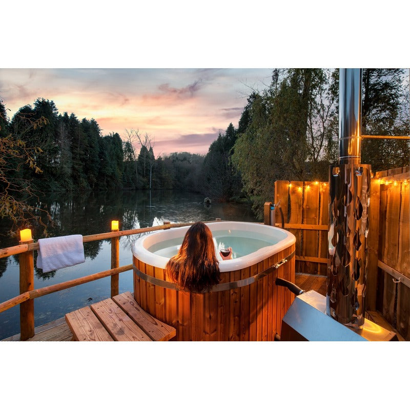 Ofuro hot tub outdoor woman enjoying wine and lake view