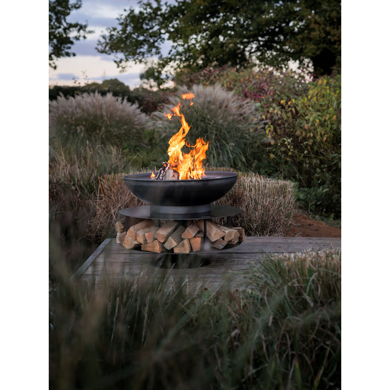Firepits UK Ring of Logs 90 with Swing Arm BBQ Rack on decking