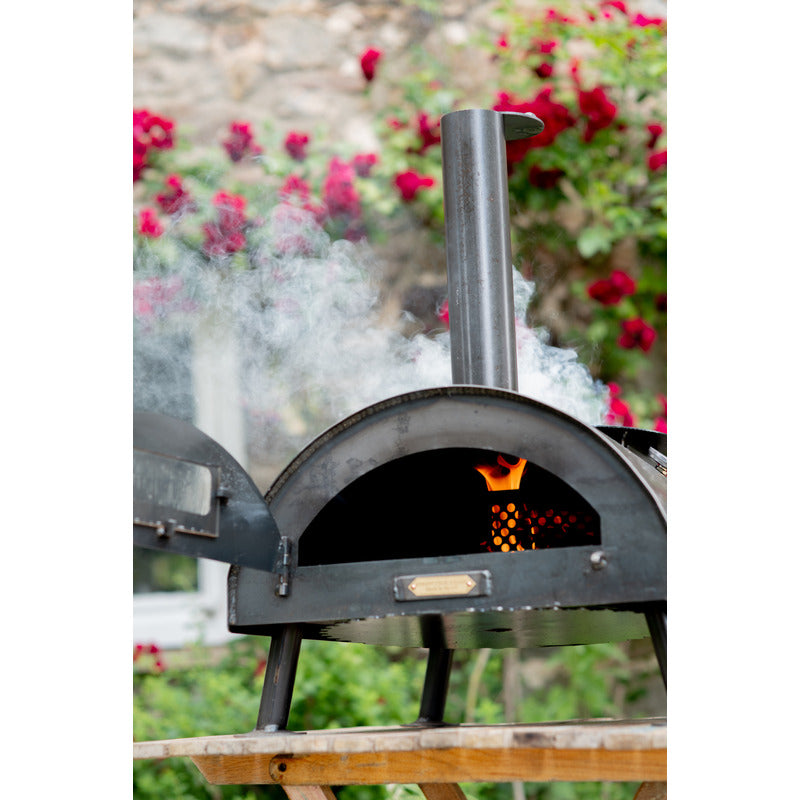 Firepits UK Table Top Pizza Oven with Turntable oven lit with door open
