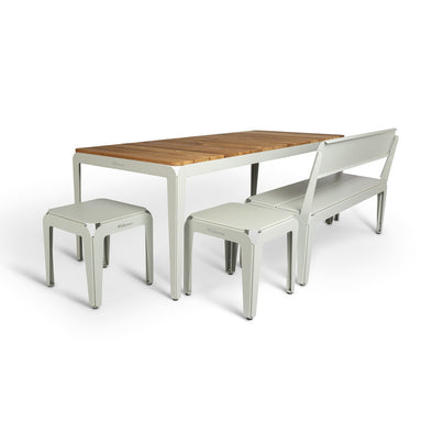 bended bench with back grey plus table and stool
