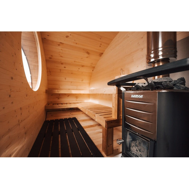 close up of wood fired heater in hobbit sauna