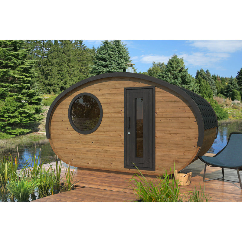 computer image of sauna cabin hobbit by a lake