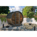 computr generated front angled view of barrel sauna on a patio