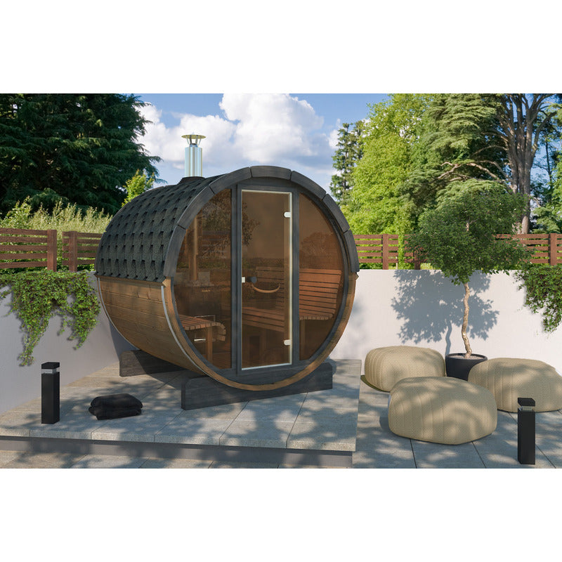 computr generated front angled view of barrel sauna on a patio