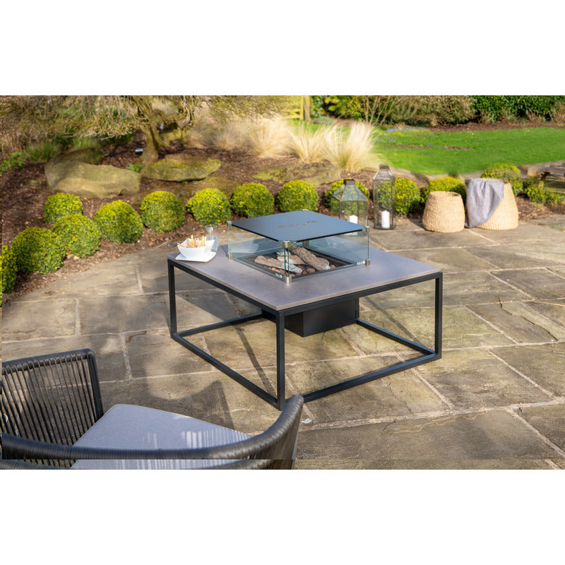 cosiloft 100 fire pit table black grey on garden patio with lid