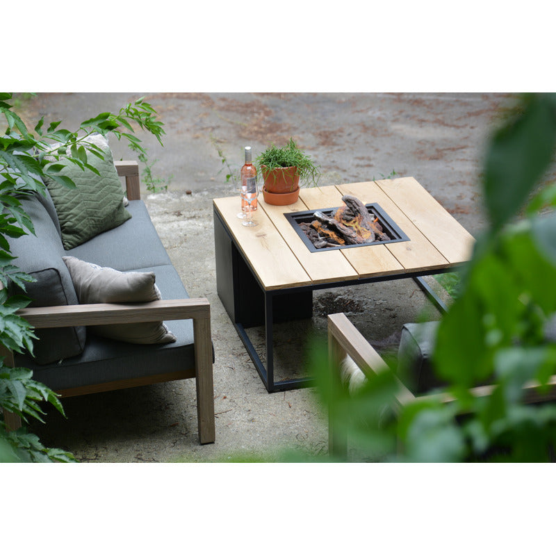cosiloft 100 fire pit table teak top garden lifestyle with chairs