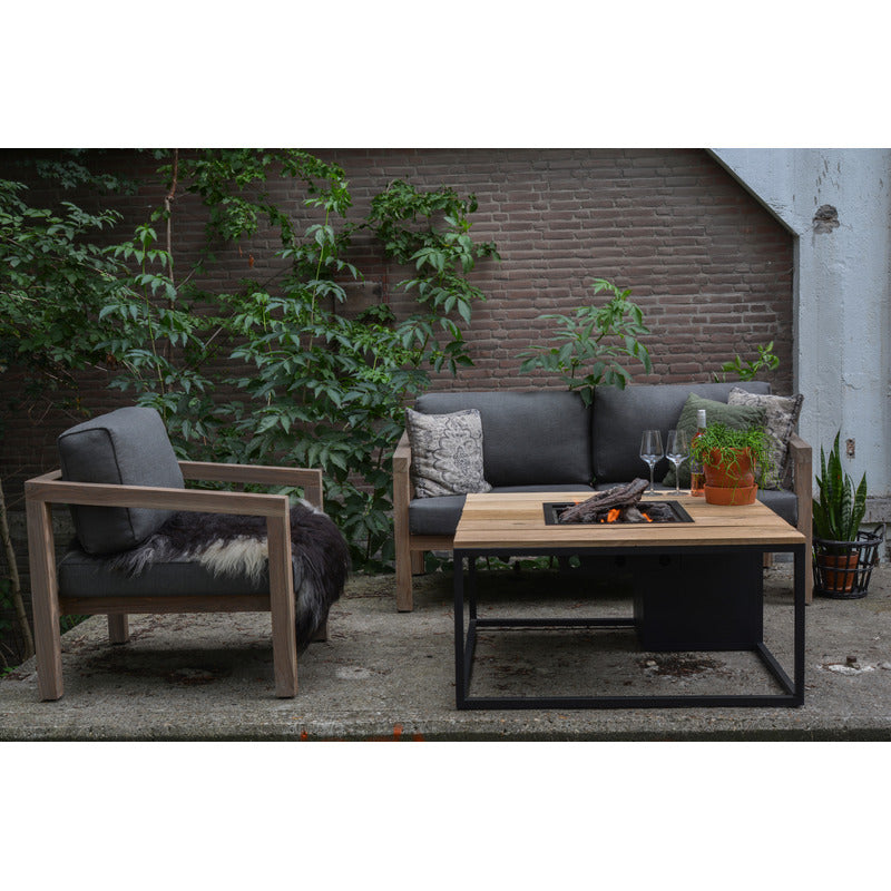 cosiloft 100 fire pit table teak top side view in garden