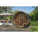 digitally rendered lifestyle image of barrel sauna on patio