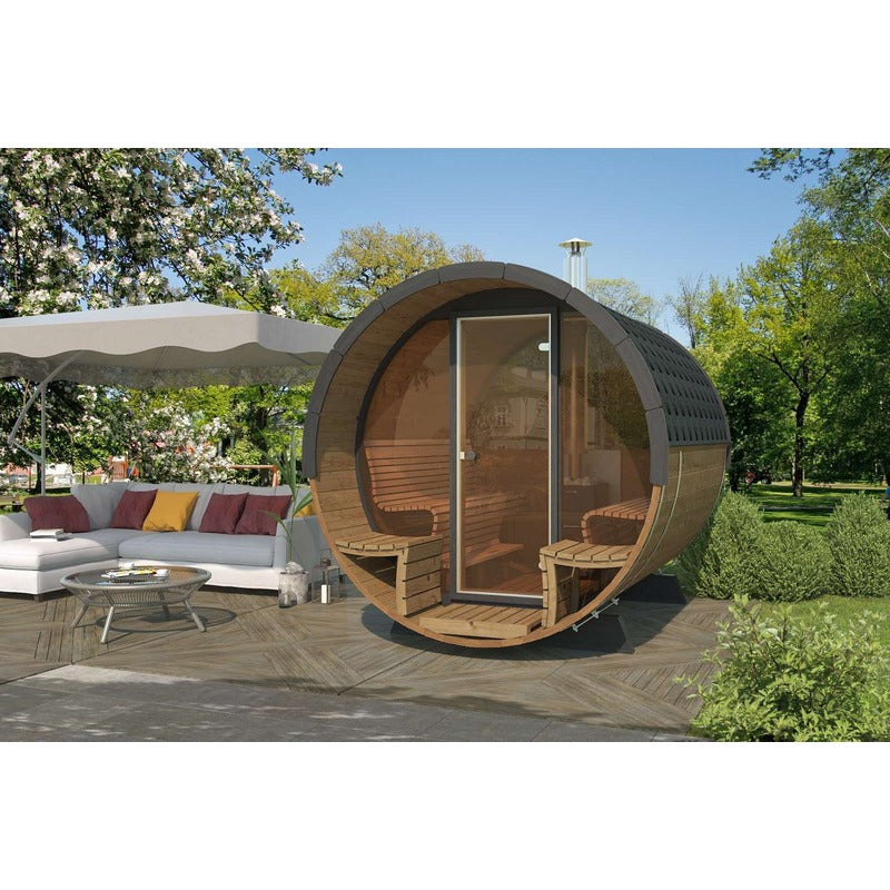 digitally rendered lifestyle image of barrel sauna on patio