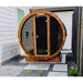 front view of barrel sauna on patio glass front