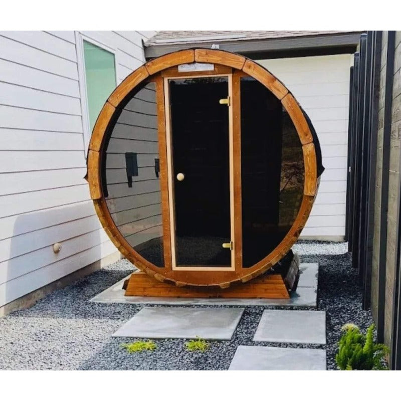 front view of barrel sauna on patio glass front