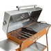 studio view of grill symbol charcoal grill lid open with skewers